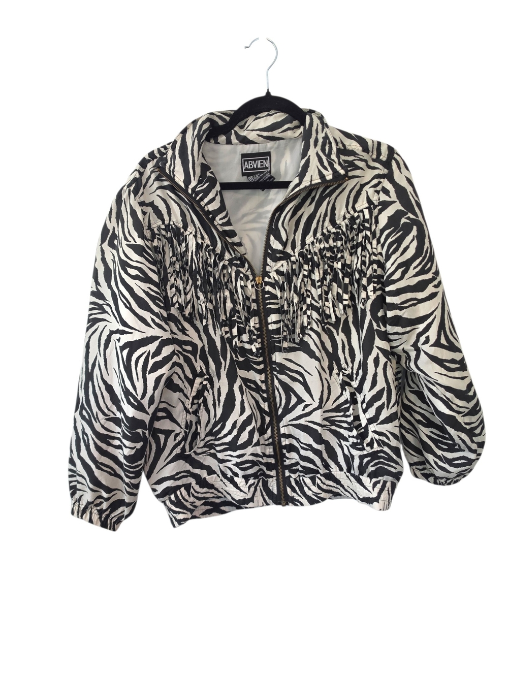 Vintage Abvien Silk Zebra Fringe Zip Up Windbreaker Jacket Women’s Size Small